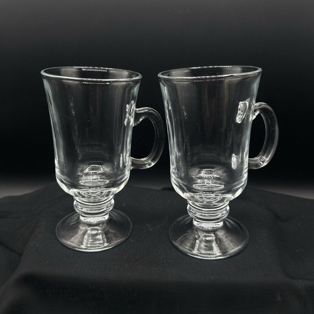 Vtg Clear Glass Irish Coffee Mugs Footed Pedestal Hot Drink Cups Set Of 2
